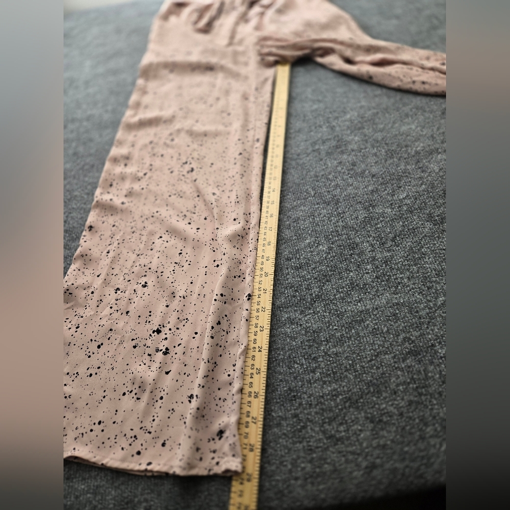 ENTRO Soft Pink Black Splatter Print Wide Leg Paper Bag Belted Palazzo Pants - Picture 13 of 15